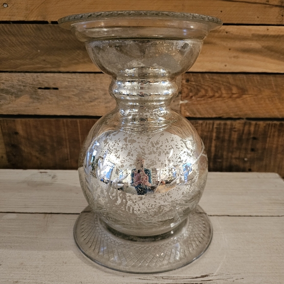 Large 10" Etched "Mercury Glass" Pillar Candle Holder/Display Pedestal - Picture 3 of 9